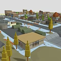 Cartoon Town Scene With Colorful Buildings Streets Street Lamps And Bus Stop