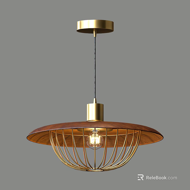 Elegant Modern Pendant Light with Wooden Shade and Brass Metal Cage Design 3d model 