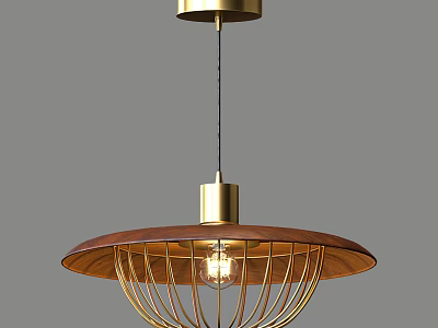 Elegant Modern Pendant Light with Wooden Shade and Brass Metal Cage Design 3d model