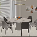 Modern Round Dining Table Set with Neutral Tones Chairs Fruit Bowl Decorative Paintings and Pendant Light