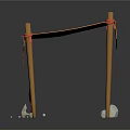 Tented Canopy Structure With Orange Red Striped Fabric Wooden Legs White Balls And Metal Tool