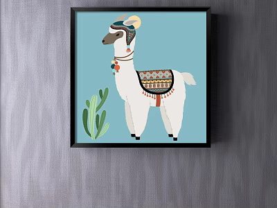 Decorative Framed Llama Artwork With Blue Background And Green Cactus Plant 3d model
