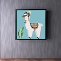 Decorative Framed Llama Artwork With Blue Background And Green Cactus Plant