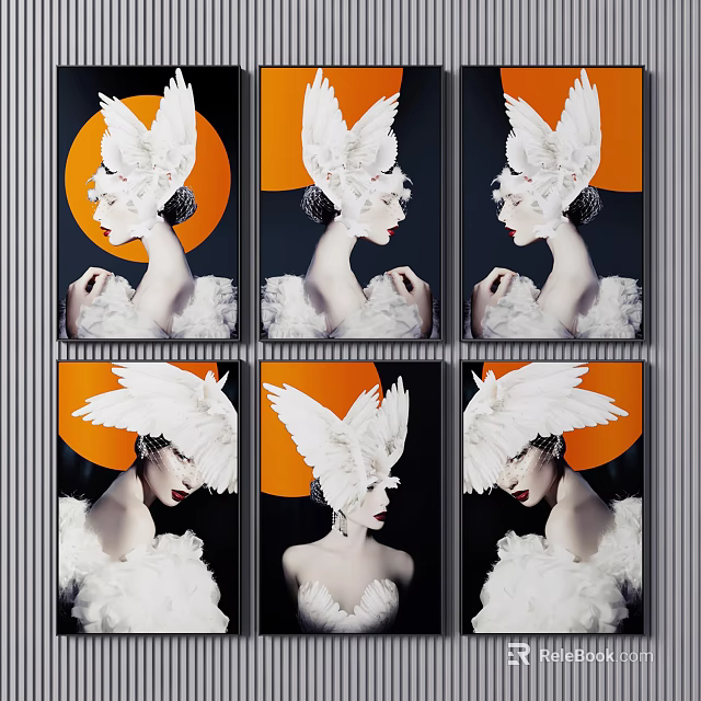 Six Portrait Paintings of Women with White Feather Headdresses and Orange Black Backgrounds 3d model 