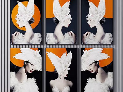 Six Portrait Paintings of Women with White Feather Headdresses and Orange Black Backgrounds 3d model