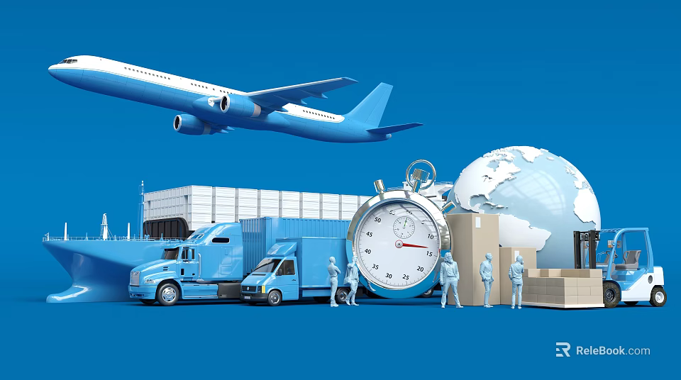 Truck In Global Logistics Network With Airplane Containers Stopwatch And Globe 3d model