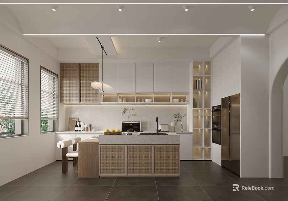 Modern Kitchen Interior Design With Wooden Island White Cabinets And Appliances 3d model 