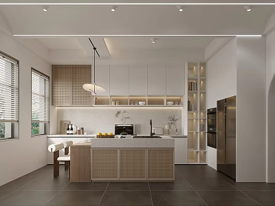 Modern Kitchen Interior Design With Wooden Island White Cabinets And Appliances 3d model