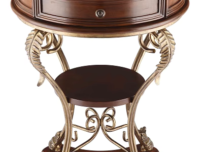 Wooden Round Accent Table With Ornate Metal Carved Frame Lower Shelf And Drawer 3d model
