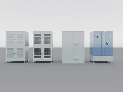 Four Different Industrial Storage Cabinets Featuring Glass Door Closed Door And Labeled Designs 3d model