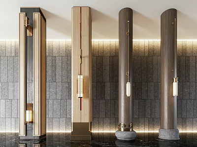 Modern Decorative Columns With Wooden Metal Accents And Hanging Lamps Against Gray Stone Wall Interior 3d model