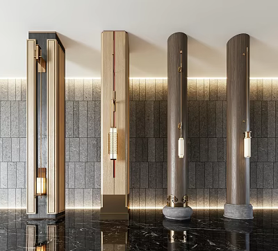 Modern Decorative Columns With Wooden Metal Accents And Hanging Lamps Against Gray Stone Wall Interior 3d model