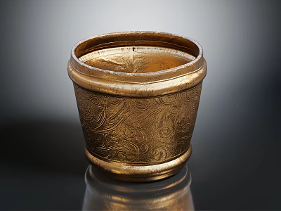 Ornate Golden Metallic Vessel Featuring Intricate Carved Patterns And Reflective Base 3d model