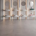 Four Modern Minimalist Lighted Washbasins With Round Mirrors White Pink Green Public Restroom