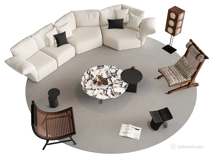 Modern White L Shaped Sofa Coffee Table Set With Black Cushions Round Table Rattan Chair 3d model 