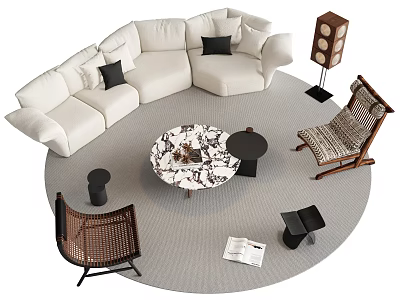 Modern White L Shaped Sofa Coffee Table Set With Black Cushions Round Table Rattan Chair 3d model