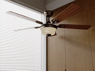 Ceiling Fan with Light Wooden Blades in Wooden Wall Room Near Window with Blinds 3d model