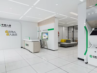 Neat Modern Administrative Service Hall Interior With Counter Waiting Area Sofas And Display Screen 3d model