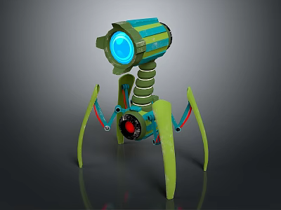 Mechanical Spider Like Creature With Blue Glowing Eye Green Blue Stripes And Spring Legs 3d model