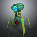 Mechanical Spider Like Creature With Blue Glowing Eye Green Blue Stripes And Spring Legs