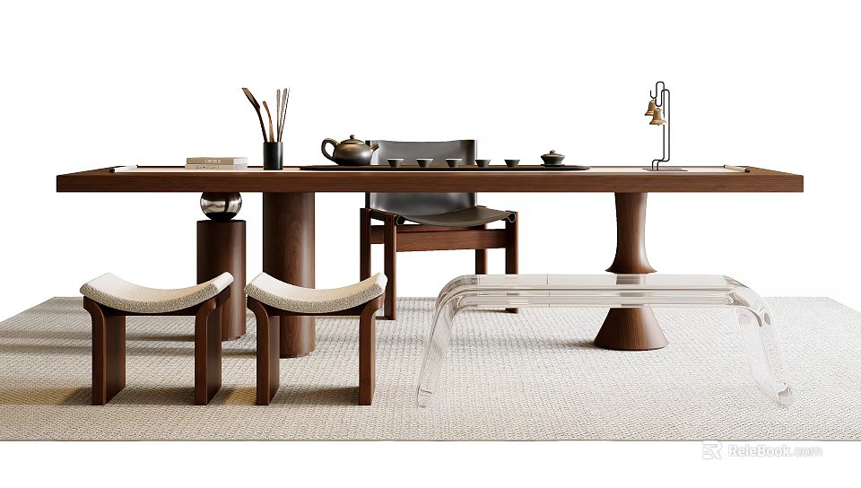 Elegant Wooden Tea Table And Chairs Setup With Stools Tea Set And Decorative Items 3d model 