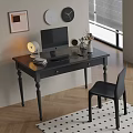 Black Wooden Desk Interior With Computer Monitor Table Lamp Books Vase Chair And Rug