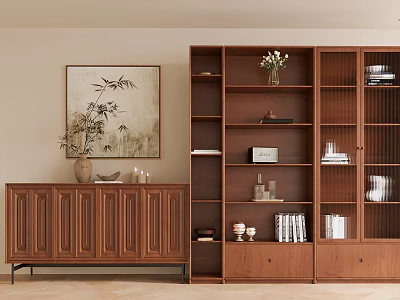 Wooden Decorative Cabinet with Open Shelves and Closed Drawers Displaying Books Vases and Decorative Items 3d model