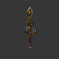 Ornate Fantasy Sword With Golden Accents Blue Gemstones And Red Hilt