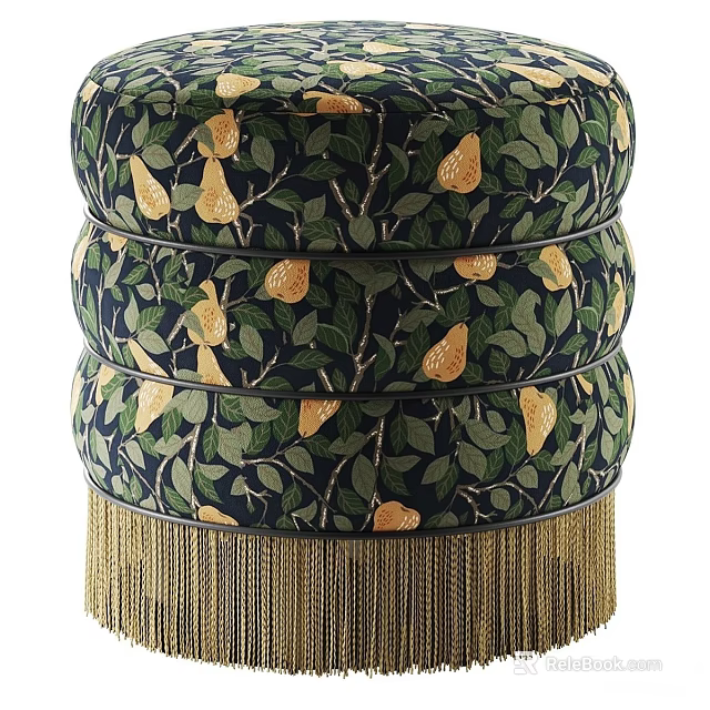 Round Layered Stool with Pear and Leaf Pattern on Dark Background and Gold Tassels 3d model 