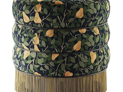 Round Layered Stool with Pear and Leaf Pattern on Dark Background and Gold Tassels 3d model