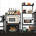 Modern Kitchen Interior With Multiple Appliances Including Microwaves Ovens On Metal Shelves And Food Items