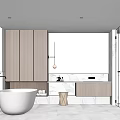 Modern Bathroom Interior Featuring White Bathtub Wooden Cabinets Marble Walls Large Windows And Shower Area