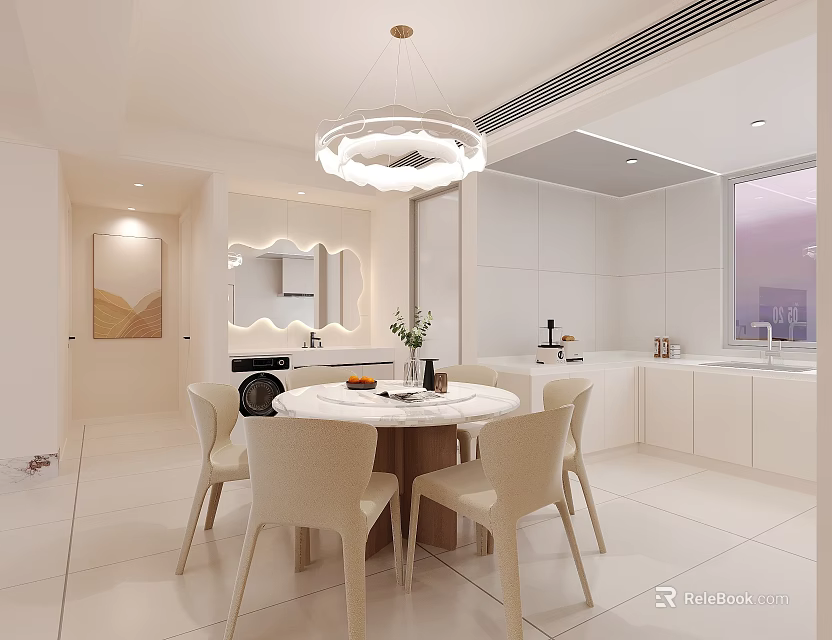 Modern Cream Tone Round Dining Table And Chairs Set For Bright Cozy Home Dining Space 3d model 