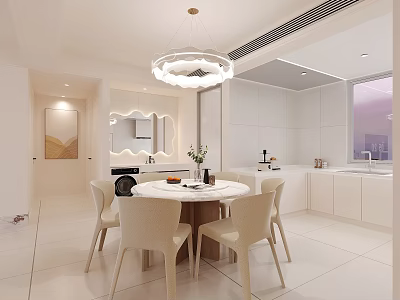 Modern Cream Tone Round Dining Table And Chairs Set For Bright Cozy Home Dining Space 3d model