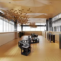 Stylish Café Interior With Geometric Wooden Ceiling Black Bar Counter Curved Seating And Coffee Supplies