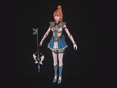 Red Haired Female Warrior Character In Blue White Uniform With Magical Winged Creature And Staff 3d model