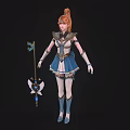 Red Haired Female Warrior Character In Blue White Uniform With Magical Winged Creature And Staff