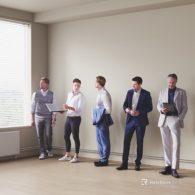 Group of men standing by wall with laptop and documents near window with blinds 3d model 
