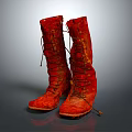 Stylish Red High Top Laced Boots With Textured Surface And Classic Style Design