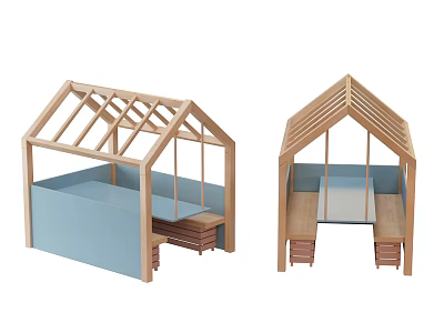 Public Facility Wooden Shelter With Glass Roof Blue Base And Seating Area 3d model