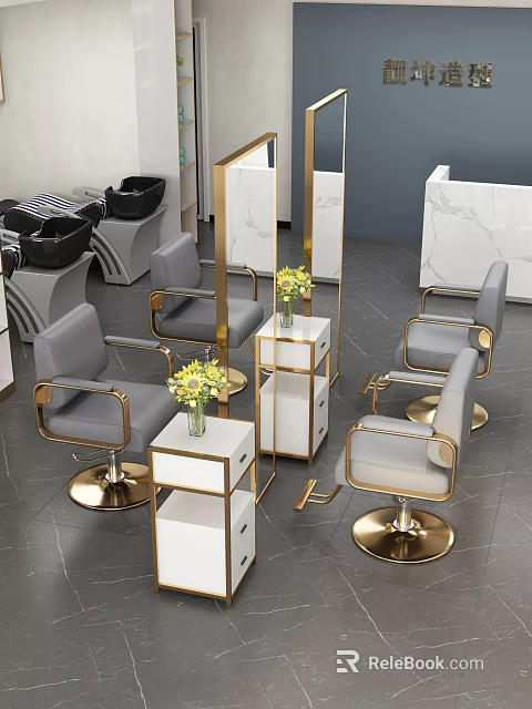 Gray And Gold Massage Chair With White Gold Cabinets Yellow Flowers And Marble Accents 3d model 