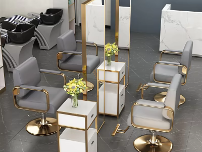 Gray And Gold Massage Chair With White Gold Cabinets Yellow Flowers And Marble Accents 3d model