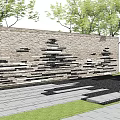Natural Stone Feature Wall With Layered Black Beige Patterns And Garden Pathway Surrounded By Trees 3d model