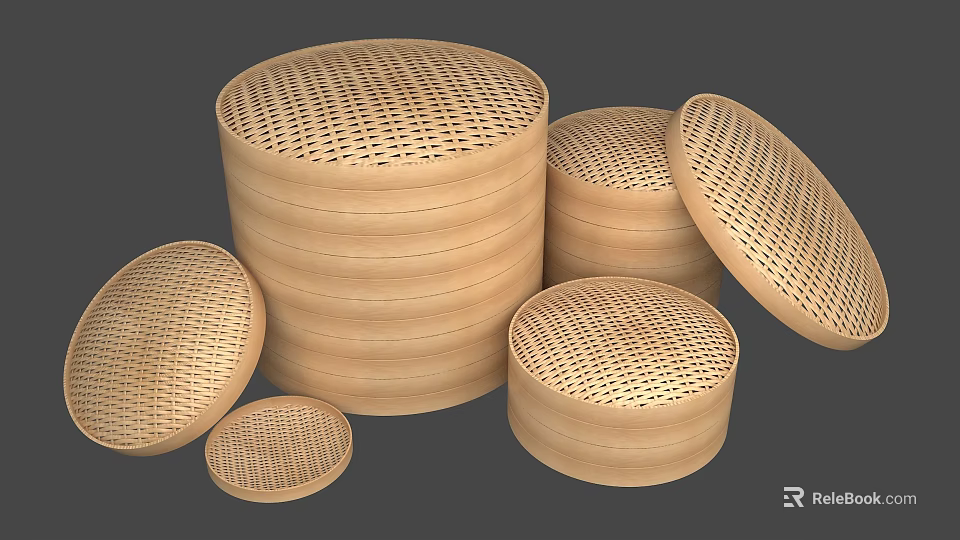Traditional Bamboo Steamers Kitchenware Featuring Stackable Design Different Sizes And Removable Lids 3d model 