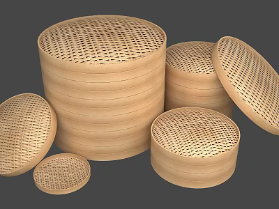 Traditional Bamboo Steamers Kitchenware Featuring Stackable Design Different Sizes And Removable Lids 3d model