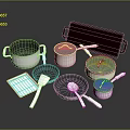 Essential Modern Kitchen Cookware Set With Pots Lids Frying Pan Spatula Baking Tray 3d model