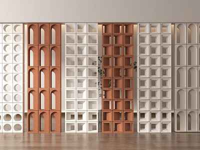 Stylish Partition Designs With Wooden And White Panels Geometric Patterns And Arched Structures 3d model