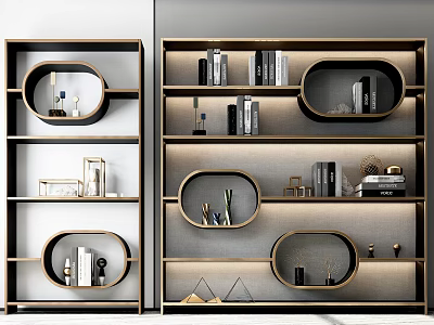 Modern Bookshelf Interior With Oval Shelves Books And Decorative Items Design 3d model