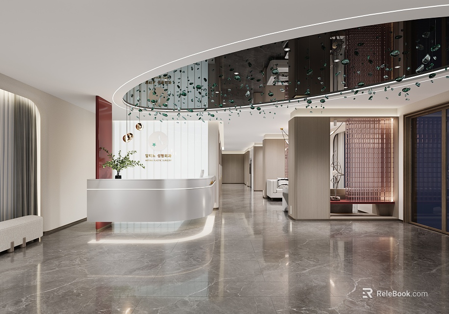 Elegant Modern Beauty Salon Interior With Reception Desk Ambient Lighting And Marble Floor 3d model 