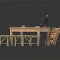 Rustic Home Living Set With Wooden Table Vintage Fan And Long Bench